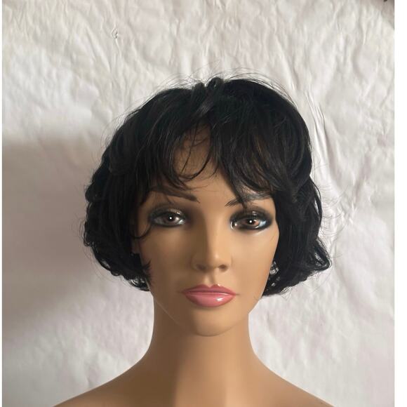 Short Wavy tousled Bob Wig color 1B off black with skin part-  Classic Style - Picture 1 of 7